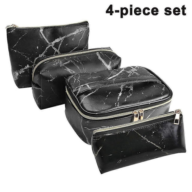 4 Pcs Cosmetic Bag Makeup Bag for Travel Portable Makeup Bag with Modern Marble Waterproof Pu Leather Black