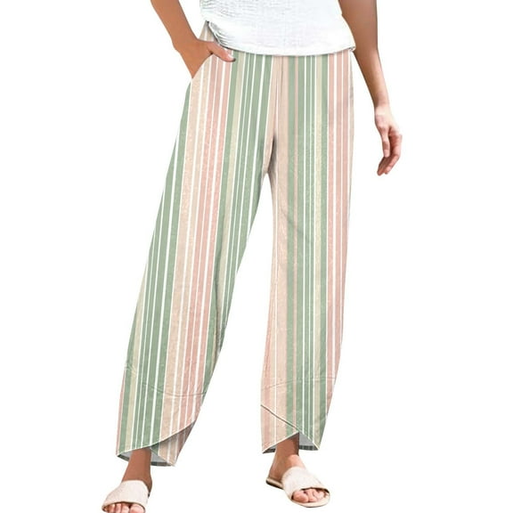 yunLCZ Wide Leg Pants Woman Striped Linen Pants For Women Summer Casual Wide Leg Pants With Pockets Comfy Cropped Palazzo Pants