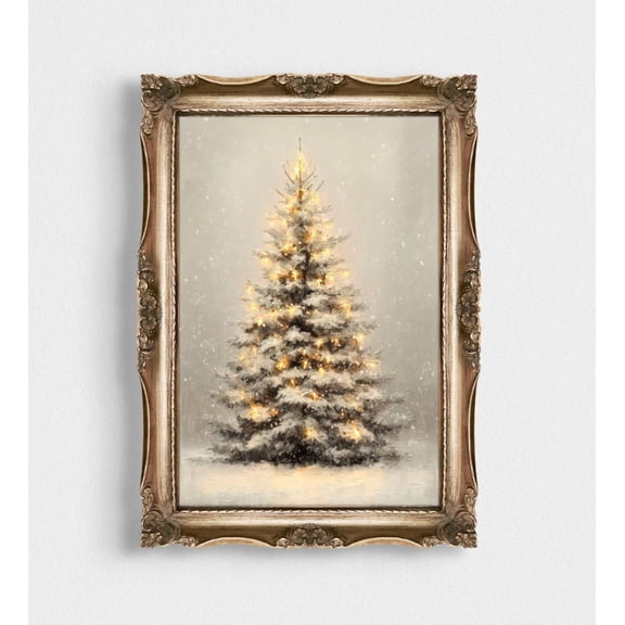 Snowy Christmas Tree Warm Lights Poster Glowing Tree Snow Scene Wall Decor Canvas Art Prints Painting Picture Artwork Home Bedroom Rustic Christmas Decoration No Frame