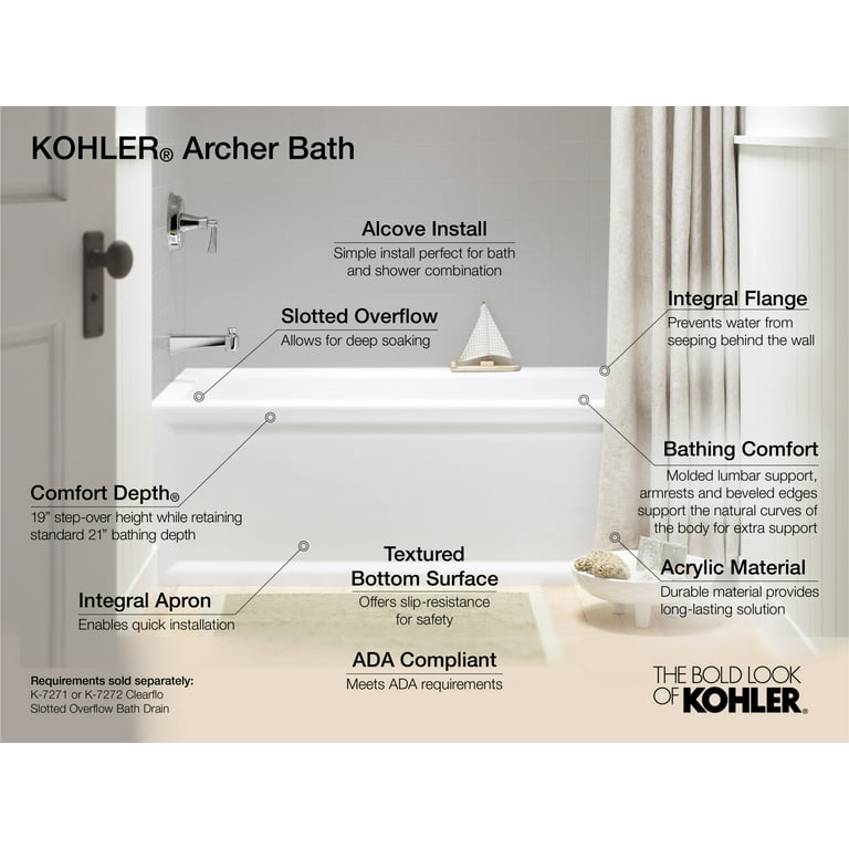 KOHLER K1123LA Archer 60 X 32 Alcove Bath With Integral, 44 OFF