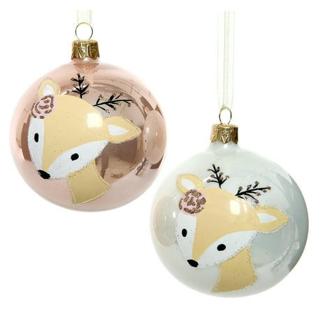 Deer Blown Glass Ornaments - Set of 2 Pink and White Glass Balls
