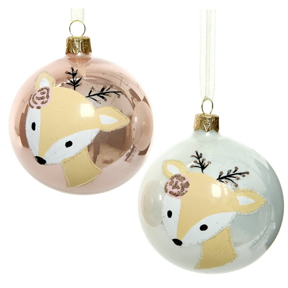 Deer Blown Glass Ornaments - Set of 2 Pink and White Glass Balls