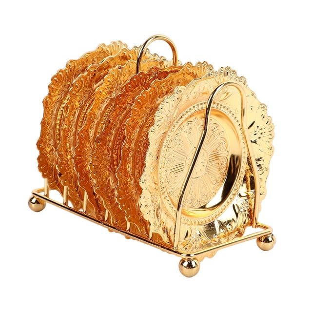 Juego de 7 posavasos de metal brillantes con soporte, estilo europeo, con diseño de pavo real, para banquetes.