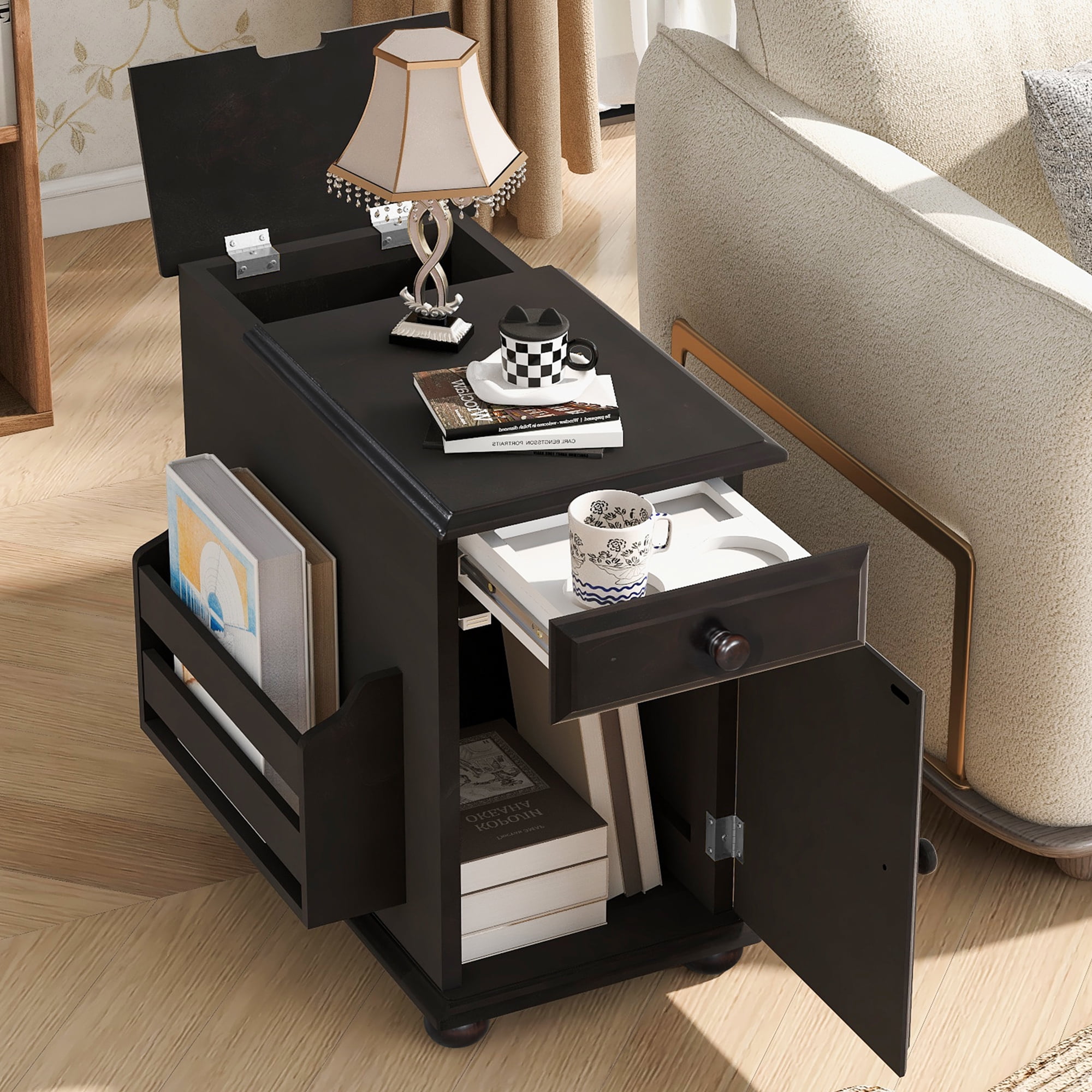 Vintage Side Table,End Table Flip Top with USB Ports,1 Drawer,1