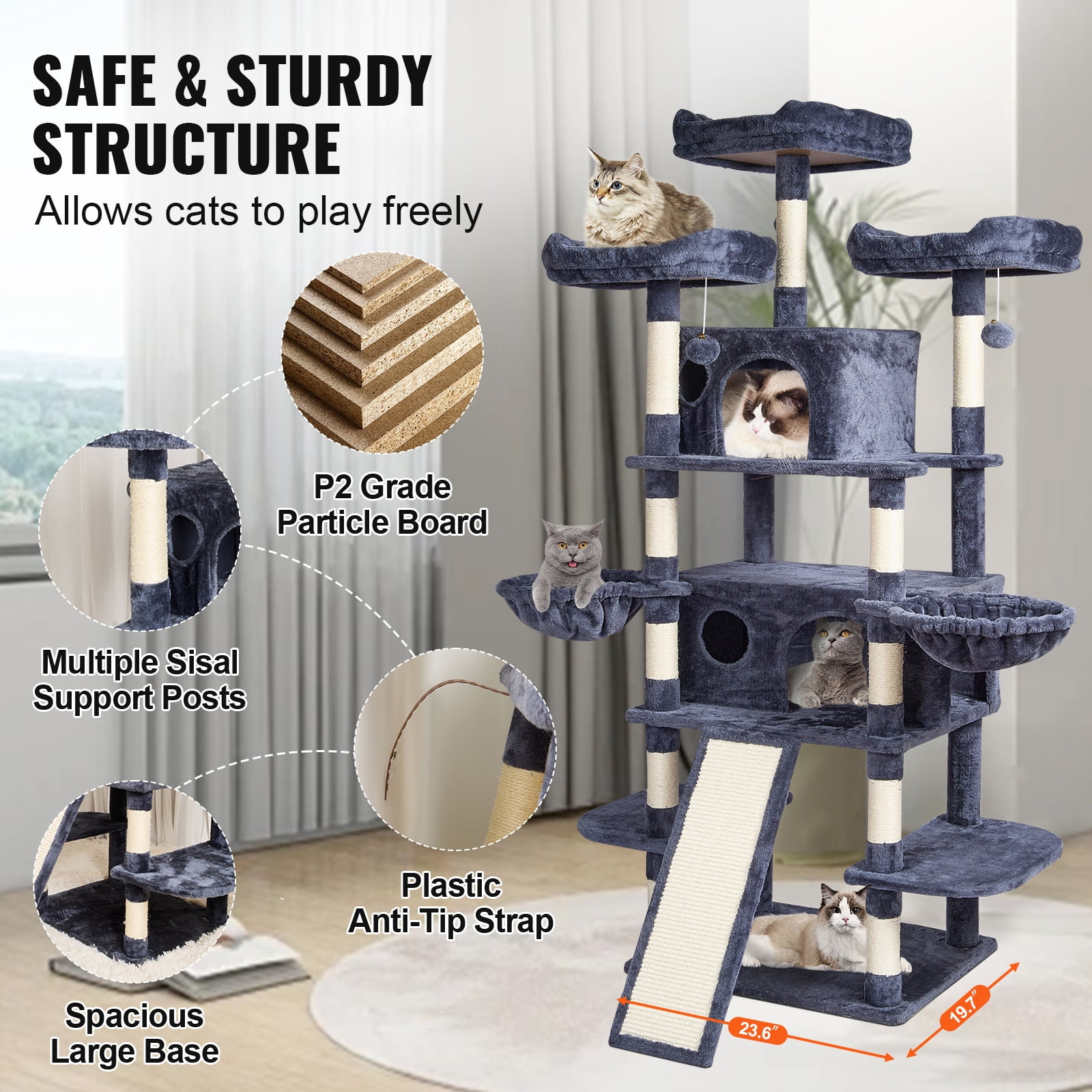 KFFKFF Cat Tree Tower 68.5" Indoor Cat Climbing Frame, Multi-Level Playhouse, Indoor Cat Playground with Dual Condos, Sisal Posts, Hammocks, Activity Platforms, Ramp, Play Balls (Dark Grey)