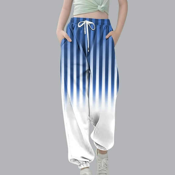 SGFCWSX Sweatpants for Girls Elastic Waist Drawstring Stripe Fashion Print Tapered Leg Soft Jogger Pants Blue Size 7-8Years