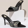 thumbnail image 3 of Xucatan Women's Rhinestone High-heeled Shoes Heels, Pointed Toe Satin Mules with Crystal Ankle Strap, Open Back Glitter Dress Sandals, Versatile Evening Party Footwear Gift, 3 of 9