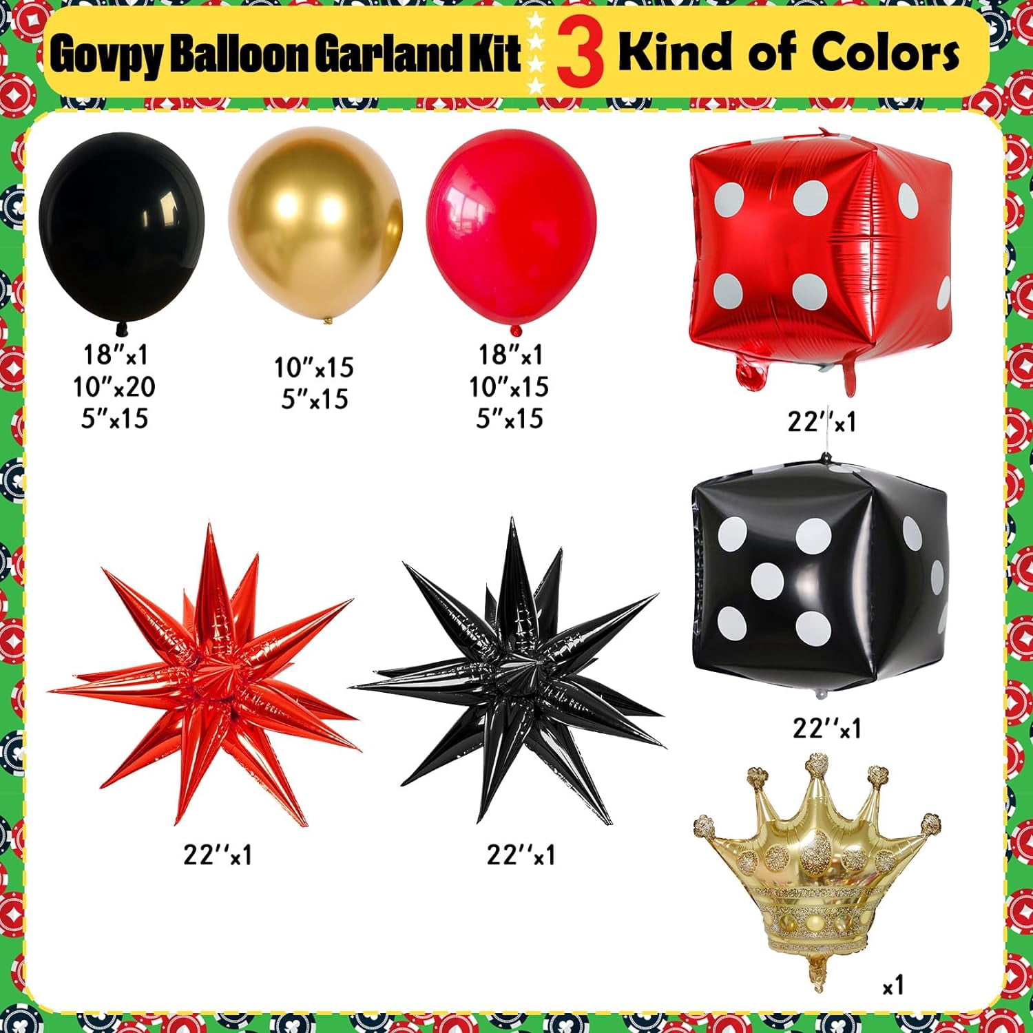 Casino Theme Balloon Arch Kit, 104 Pcs Red Black and Gold Metallic Latex Balloon Garland Kit with Dice Crown Explosion Star for Women Men Casino Night Las Vegas Birthday Graduation Party Decorations
