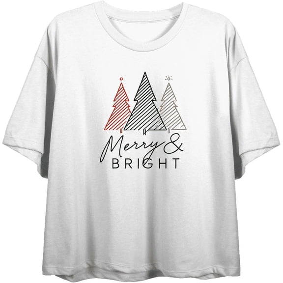 Merry & Bright Christmas Tree Line Art Women's White Crew Neck Short Sleeve Crop Tee-Medium