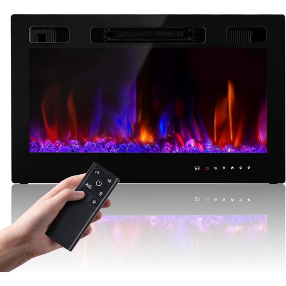 Electric Fireplace Insert 30" 1500W Wall Mounted Fireplaces Recessed Heaters,Fit for 2 X 6 stub, Remote Control Slim Black Fireplace Touch Screen Timer 12 Flame Colors LED Decor Low Noise