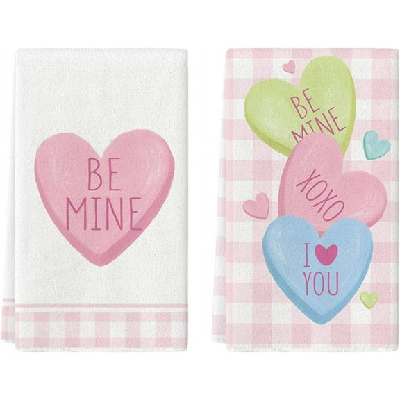 Pink Sugar Heart Love Valentine''s Day Kitchen Towels Dish Towels, 18x26 Inch Farmhouse Anniversary Wedding Decoration Hand Towels Set of 2