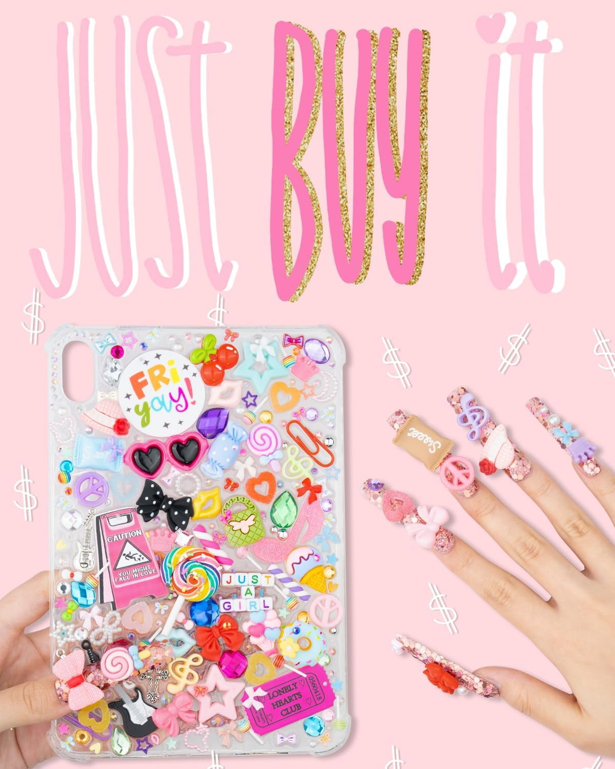 2250 Pcs Junk Case Charms Kit, Charms for Junk Cases, Phone Case Charms, Junk Case Kit with Big Charms, Bow Charms, Nail Charms, Letter Beads, Pink Charms,Junk Beads Charms