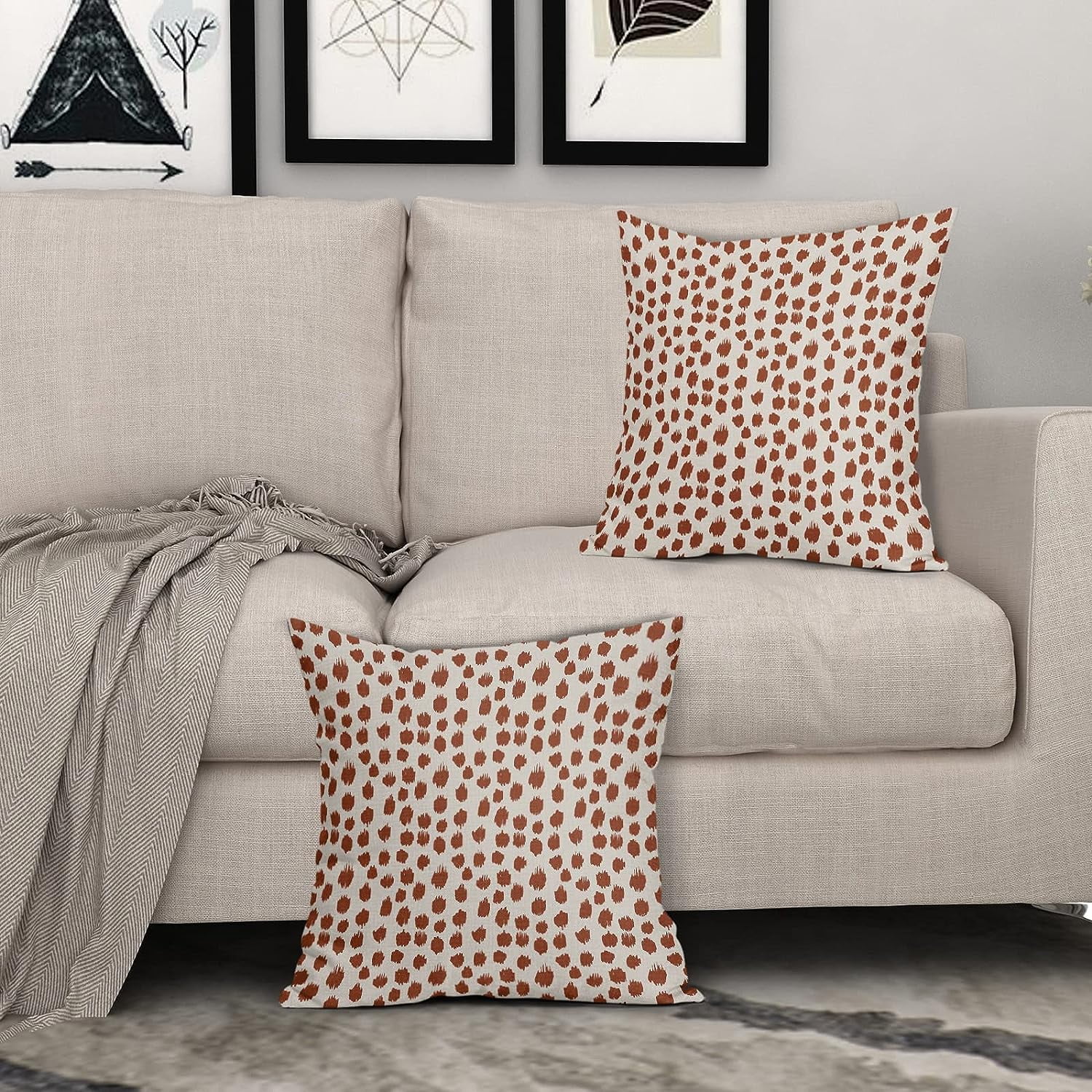 Burnt Orange Cream Pillow Covers 18x18 Set of 2 Boho Design Polka Dot Throw Pillows Modern Brush Strokes Print Decorative Outdoor Pillowcase Square Cushion Cover Linen for Sofa Couch Bed