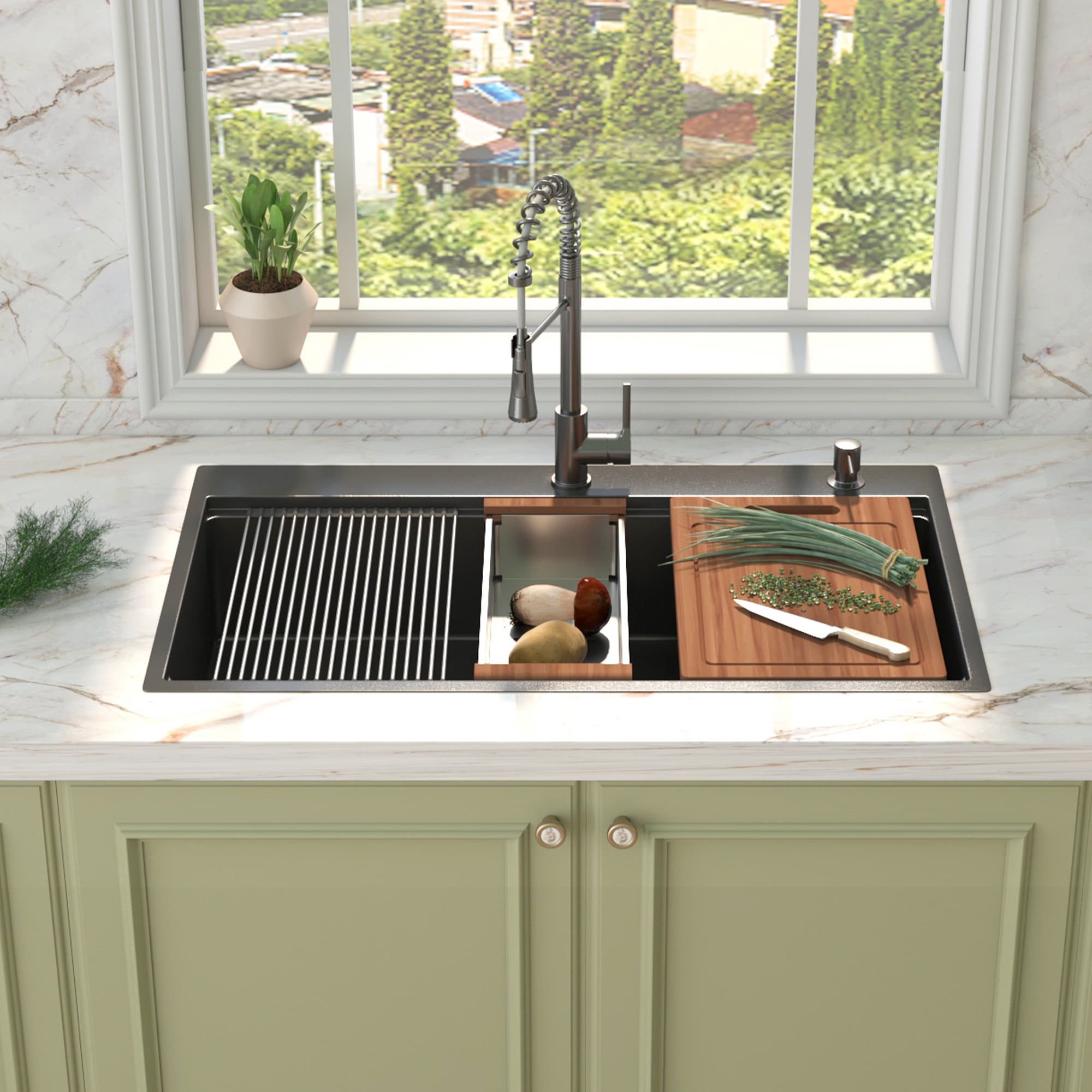 36" x 22" Drop in Gunmetal Black Kitchen Sink, 16Gauge  Stainless Steel Sink, Drop Workstation Sink, Topmount Single Bowl Sink with Integrated Ledge