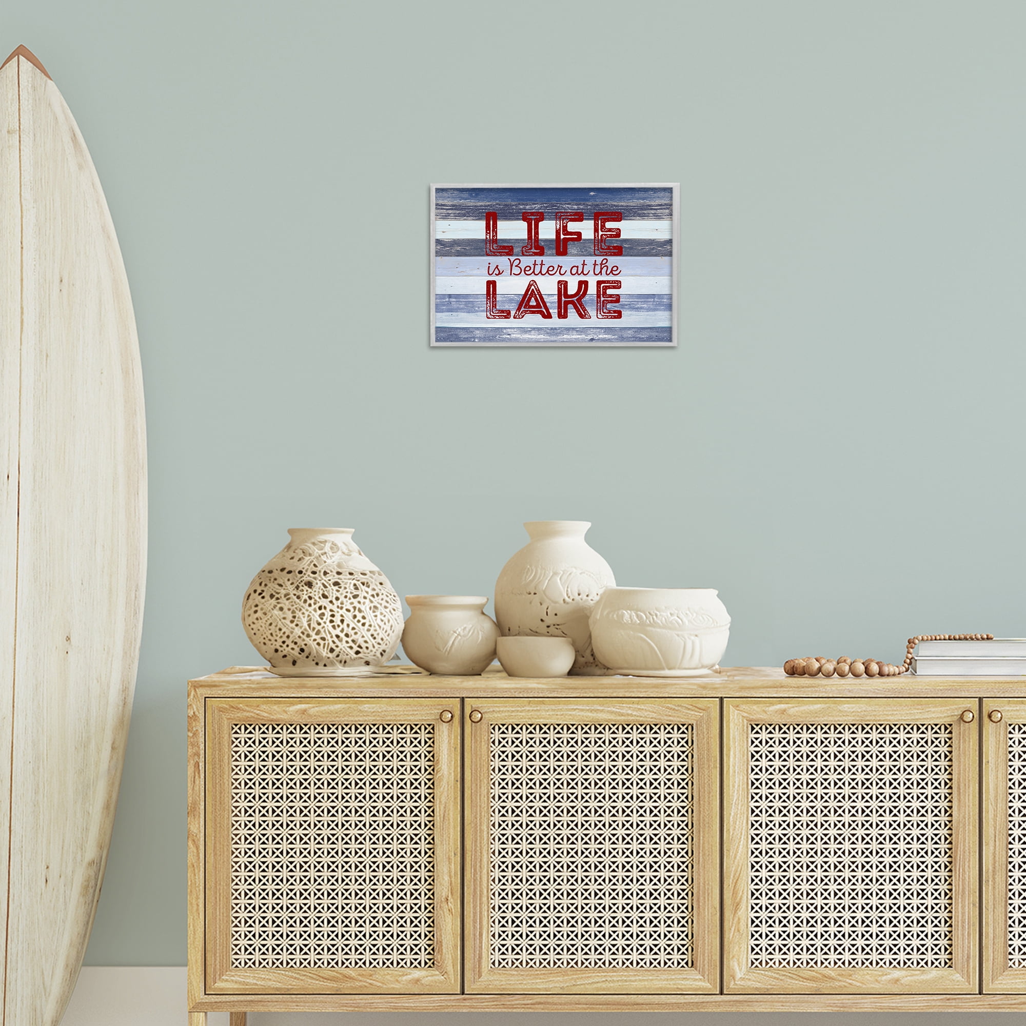 Stupell Industries Life At Lake Striped Coastal Painting Gray Framed Art Print Wall Art, 18 x 12
