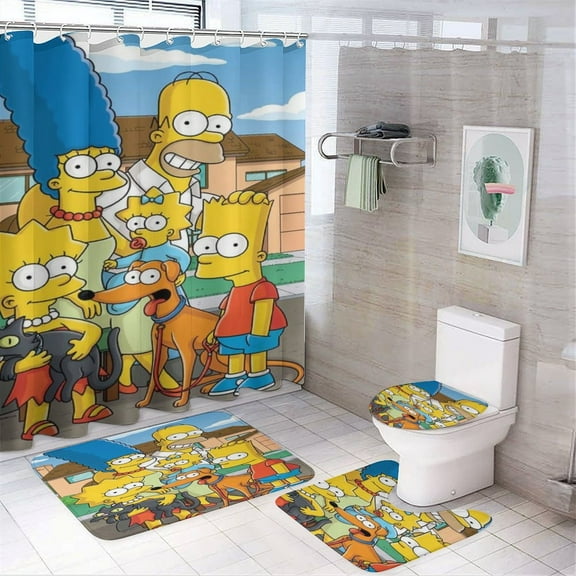 4 Piece Simpsons Shower Curtain Set with Non-Slip Rug, Toilet Lid Cover, Bath Mat and 12 Hooks, Waterproof Shower Curtain Set for Bathroom