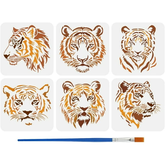 6 Styles Tiger Heads Pattern Stencils with a Brush 7.9x7.9Inch Front-Facing Tiger Head Painting Stencils Side-Facing Tiger Head Drawing Template PET Animal Theme Template for DIY Wall Decor