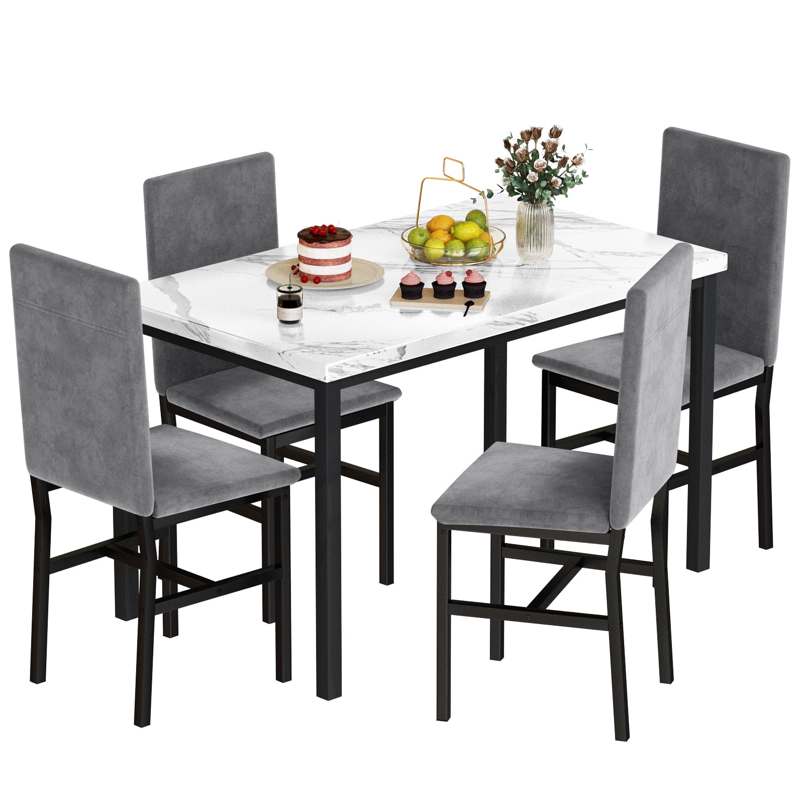 Cvortll 5 Pieces Dining Room Table Set for 4, Space Saving Kitchen Table and Chairs , Set with 4 Upholstered PU Leather Chairs and Faux Marble Tabletop, Gray + White