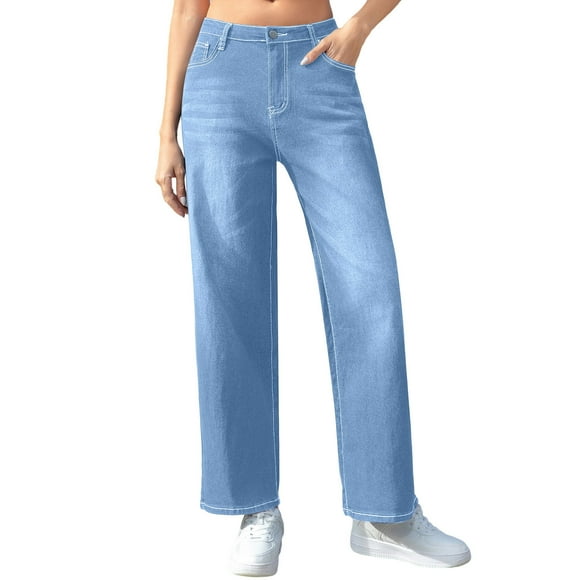 Pxkloy Womens Wide Leg Jeans High Waist Stretchy Button Denim Pants Casual Baggy Barrel Ankle Trousers Fall 2026 Light Blue,XL