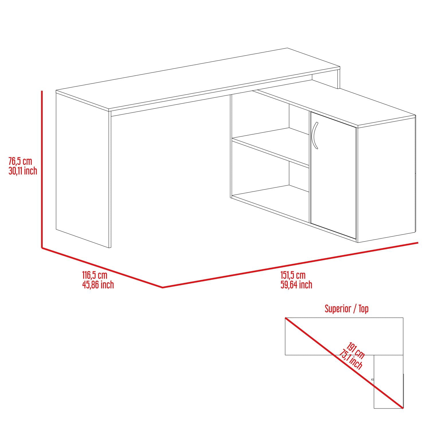 Asteroutdoor Ridley 2-Shelf L-Shaped Writing Desk, Light Gray, 59.64 in W x 30.11 in H x 45.86 in D, One Door-Cabinet, Manufactured Wood