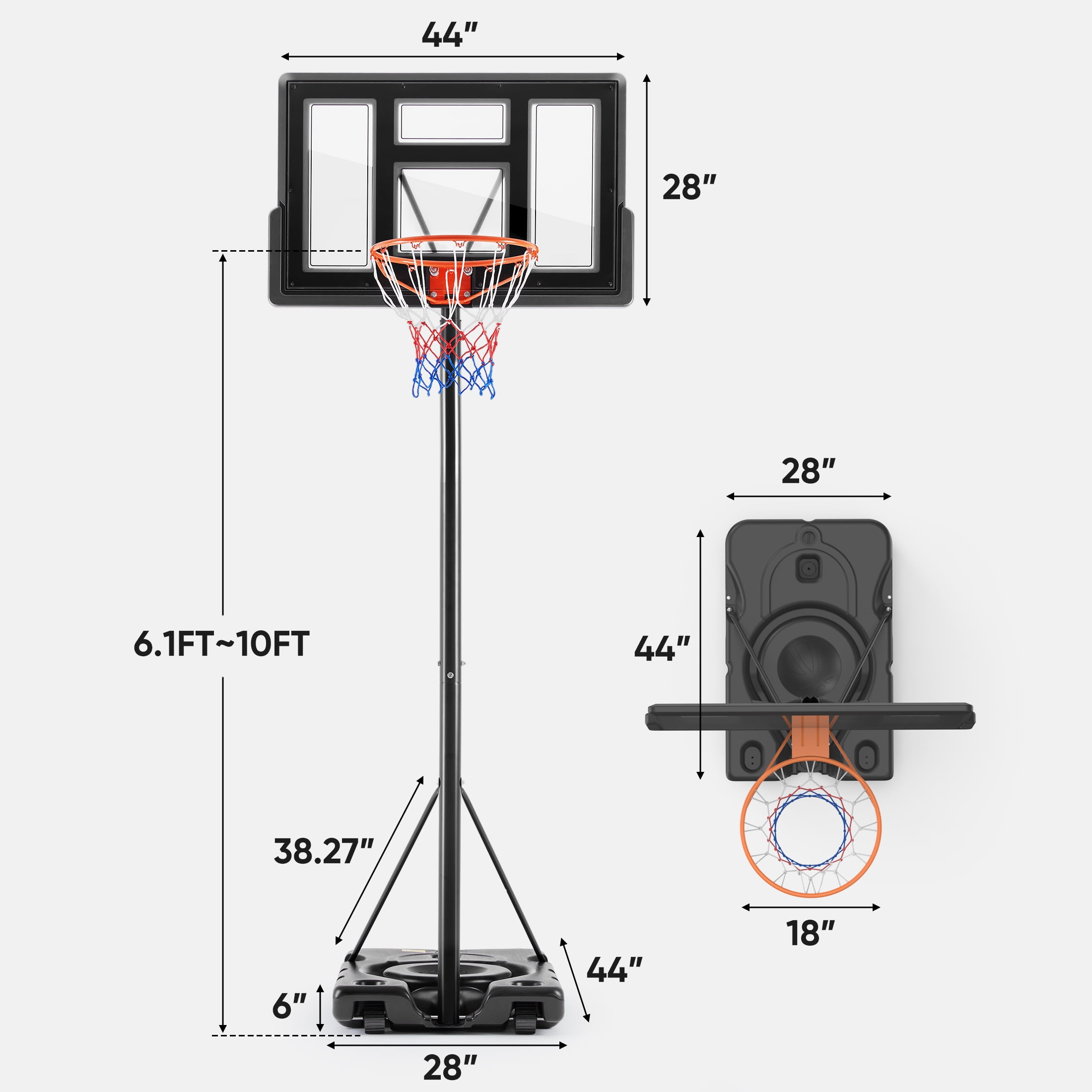 MCQ Adjustable Outdoor Basketball Hoops with 44-inch Durable Backboard, Adjustable Height 4.9 ft. to 10 ft. for Family Fun and Skills Training