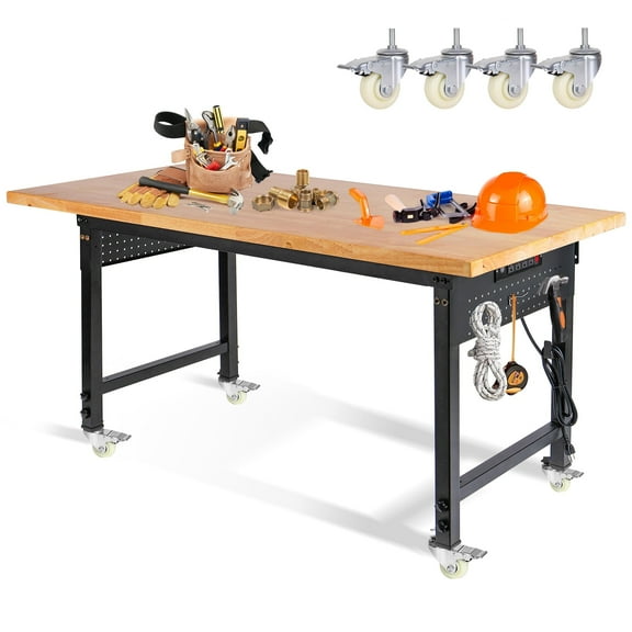 60" Heavy-Duty Adjustable Workbench, Rubber Wood Shop Table with Wheels, Pegboard, Power Outlets, Workstation