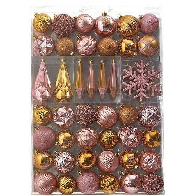 Nearly Natural D1003-PK Holiday Shatterproof Christmas Tree Ornament Box Set - 80-150mm with Reusable Tray, Pink - 52 Count
