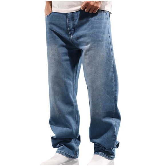 Fengqque Men's Straight Leg Jeans Loose Fit Vintage Cargo Denim Trousers Pants Casual Wide Leg Jeans Light Blue M(M)
