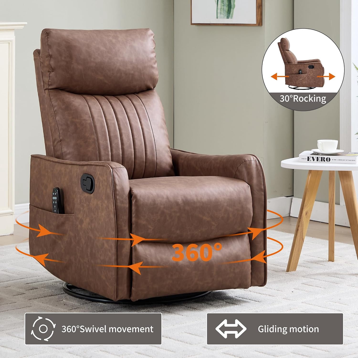 High Back Manual Recliner Chair with Heat & Massage, Swivel Rocker for Living Room Bedroom, Brown