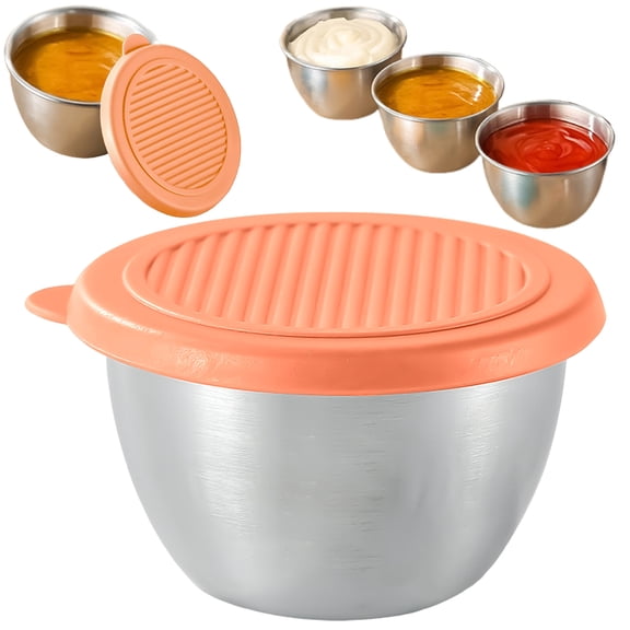Basdi Reusable Stainless Steel Condiment Cup with Lid - Leakproof Silicone Lid for Salad Dressings & Sauces, Meal Prep & Travel Essential, Dishwasher Safe Kitchen Storage, Condiment Cup with Lid