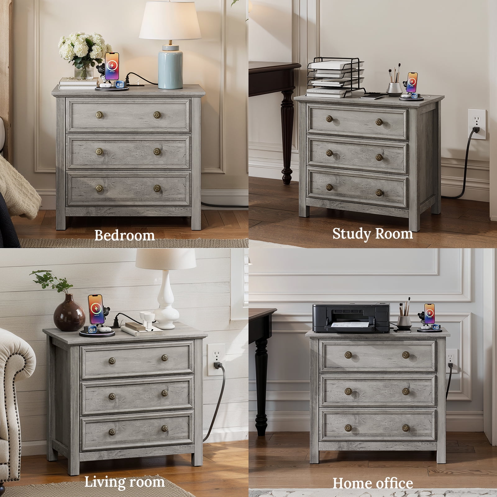 Holliwill 3 Drawer Dressers for Bedroom with Charging Station, Modern Wood Chest of Drawers for Living Room, Hallway, Gray