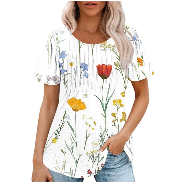Staron Liquidation Hauts Tendance pour Femmes 2025 T-shirt d'Été Décontracté à Manches Courtes Col Rond Tunique Plissée Hauts Chemises Ample Basique Chic Hauts Tendance