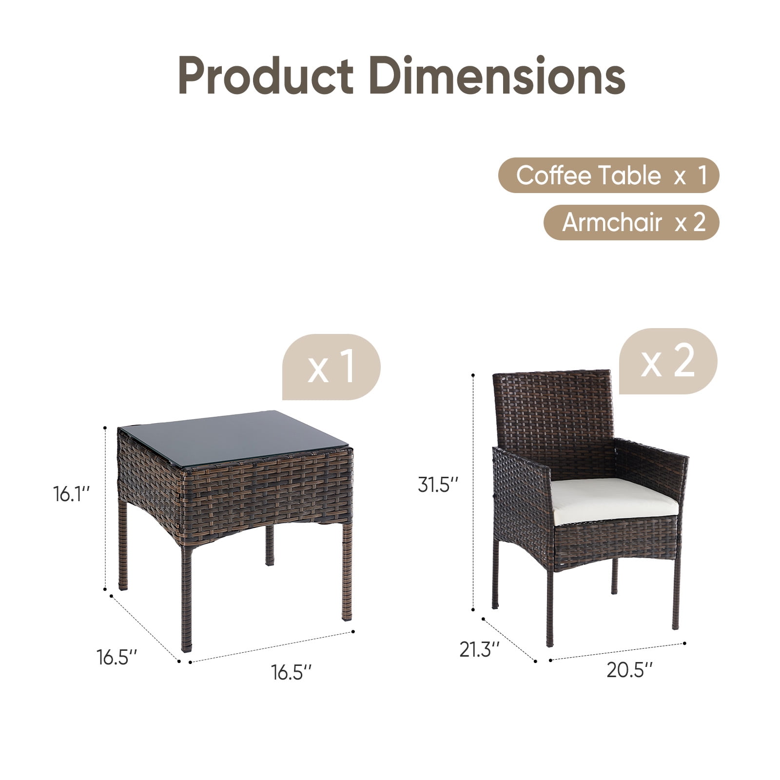 Patio Porch Furniture Sets 3 Pieces PE Rattan Wicker Chairs with Table Outdoor Garden Conversation Set with Removable Cushions, Brown