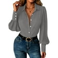 thumbnail image 4 of Lenpel Button down Shirts for Women Lantern Long Sleeve Pleated Curved Hem Collared Blouses Business Casual Work Tops(Gray,Medium), 4 of 7