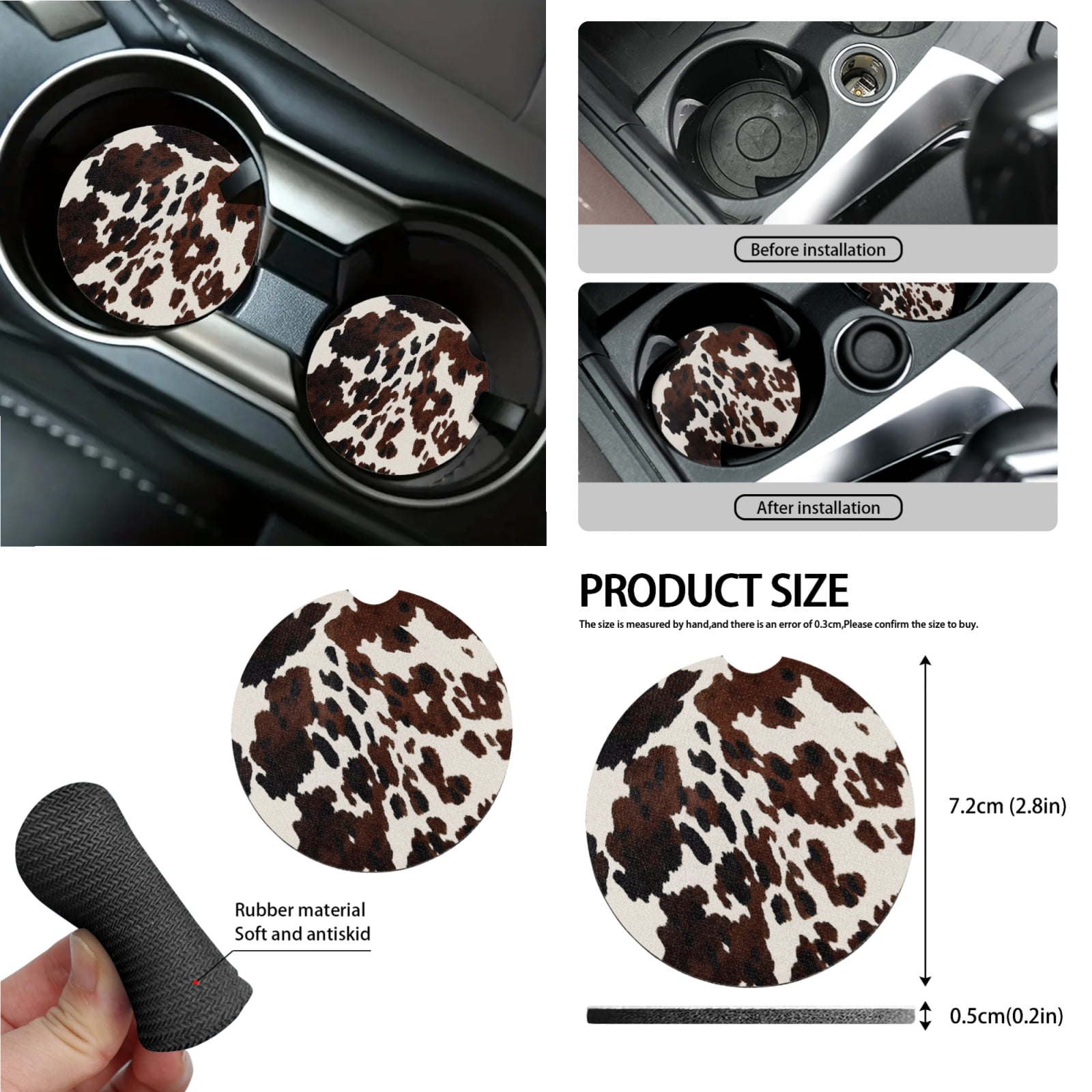 Xoenoiee Black Brown Cow Print 15 Pieces Car Seat Cover Set with Auto Steering Wheel Cover Seat Belt Strap Protector Cup Holder Trash Bag Air Vent Storage Pocket Rear View Mirror Protector Keychain