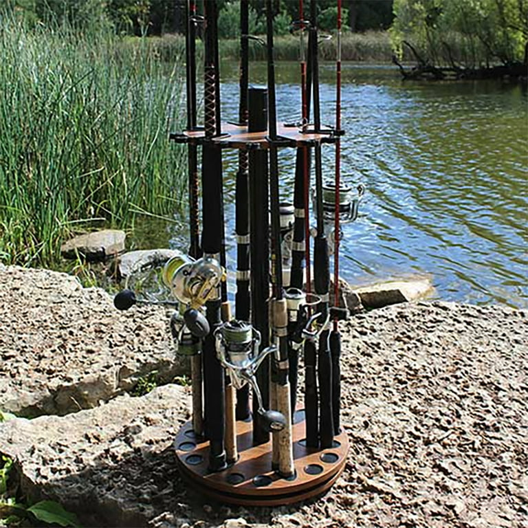 Rush Creek Creations 24 Fishing Rod Spinning Round Storage Rack, Dark Walnut