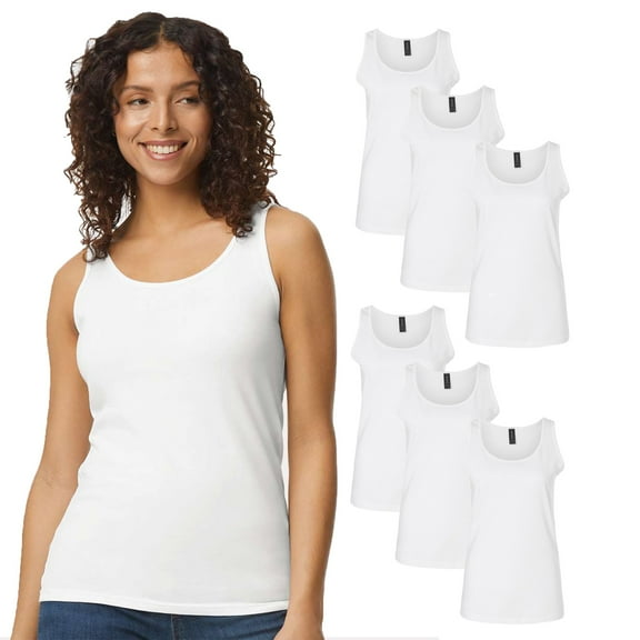 Gildan Women's Softstyle Tank Top, Cotton Sleeveless T-Shirt, White, 6-Pack, Semi-Fitted Sizes M-2XL