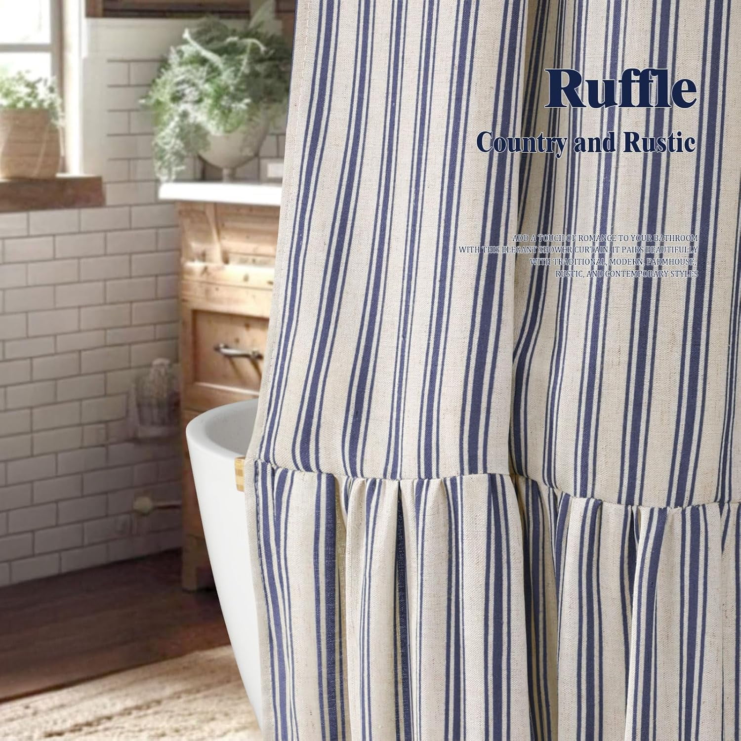 Boho Farmhouse Shower Curtain with Ruffle Hem, Linen Textured White Shower Curtains for Bathroom Vintage Rustic Fabric, Blue Stripe 72" W x 72" L