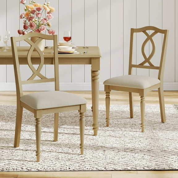 Set of 2 Dining Chairs with Cross-Back & Upholstered Seat, Farmhouse Kitchen Chair with Solid Wood Legs for Dining Room, Oak