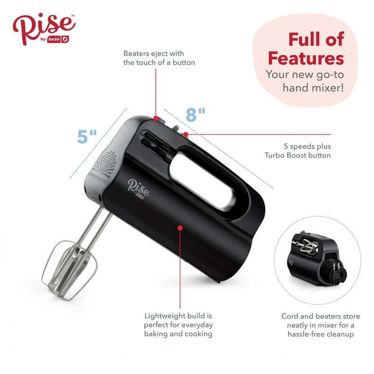 Rise By Dash Compact Hand Mixer Electric for Whipping + Mixing with Cord  Storage, 5 Speed - Black