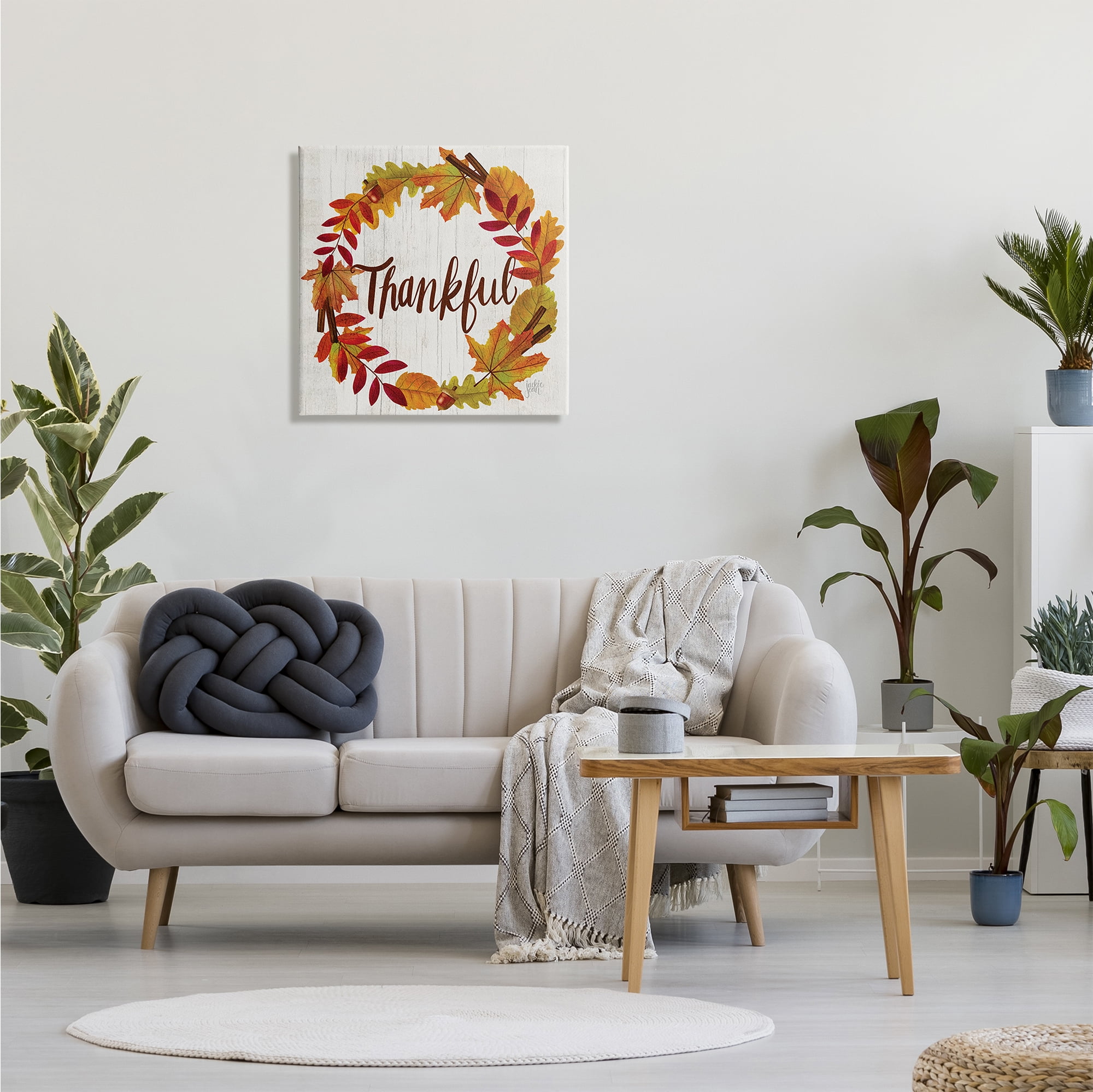 Stupell Industries Autumn Tree Leaf Wreath Thankful Sentiment Home Sign, 24 x 24, Designed by Jackie Quigley