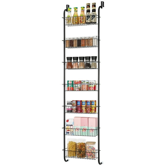 7-Tier Over The Door Pantry Organizer, Pantry Organization and Storage, Black Hanging Basket Wall Spice Rack Seasoning Shelves