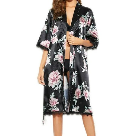 

Womens Lingerie Silk Satin Printed Lace Pajamas Nightgown Bathrobe With Belt Underwear Women