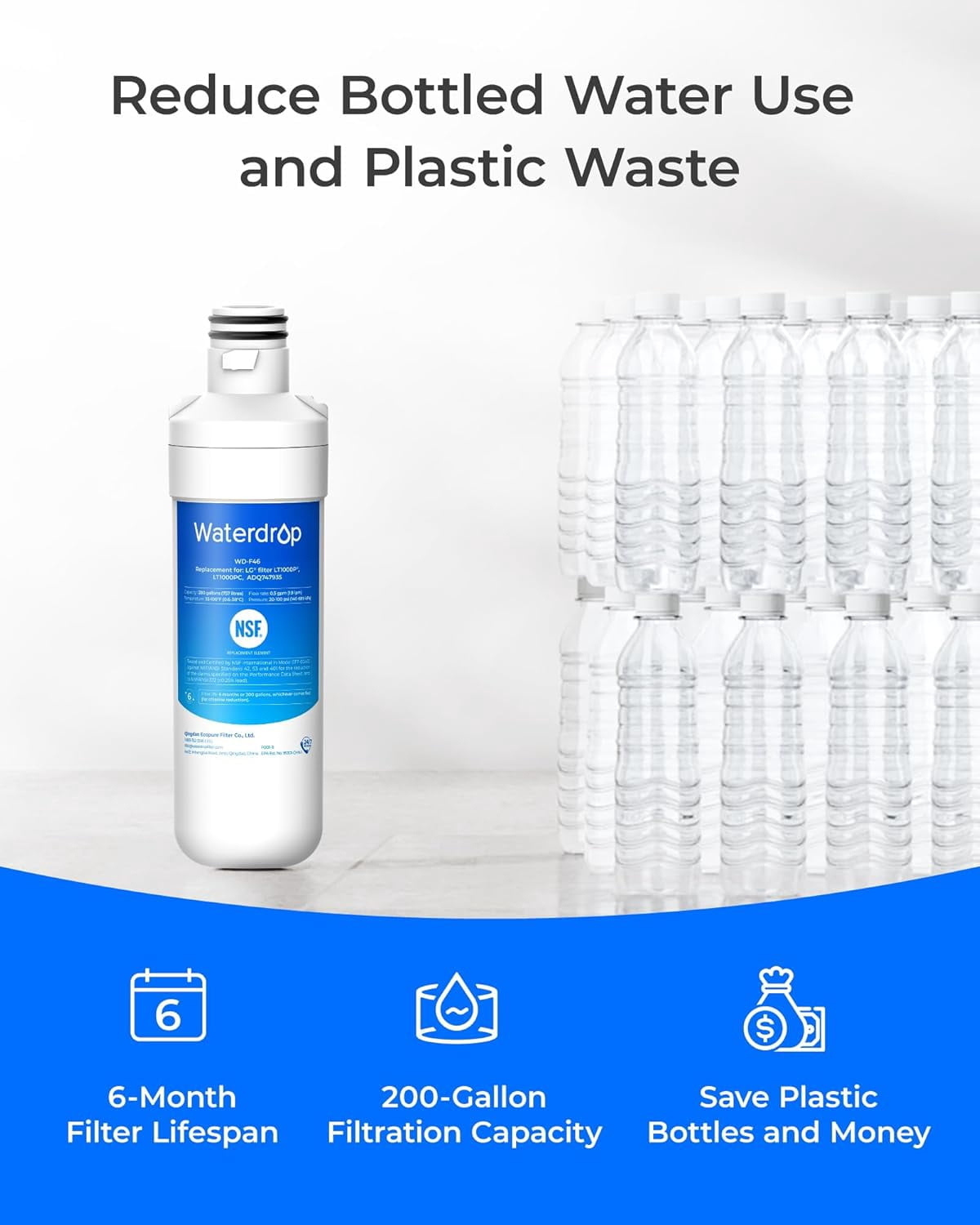Waterdrop Refrigerator Water Filter, Replacement for LG® LT1000P®, LT1000PC, ADQ74793501, ADQ74793502, Kenmore 46-9980, 9980, LFXC24796S, LSFXC2496D, NSF Certified, 3 Packs