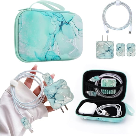 CameCosy DIY Phone Charger Cover Storage Sets USB Earphone Wire Saver Cable Organizer with Travel Storage Bag Soft Cute Cable Protector Phone Charger Protector Compatible for iPhone(Green Marble)