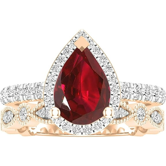 beryl_creation 2.50 Ct Pear Cut Red Ruby Christmas Thanksgiving Wedding Bridal Ring Set 14K Rose Gold Plated 925 Sterling Silver For Women's -4.5