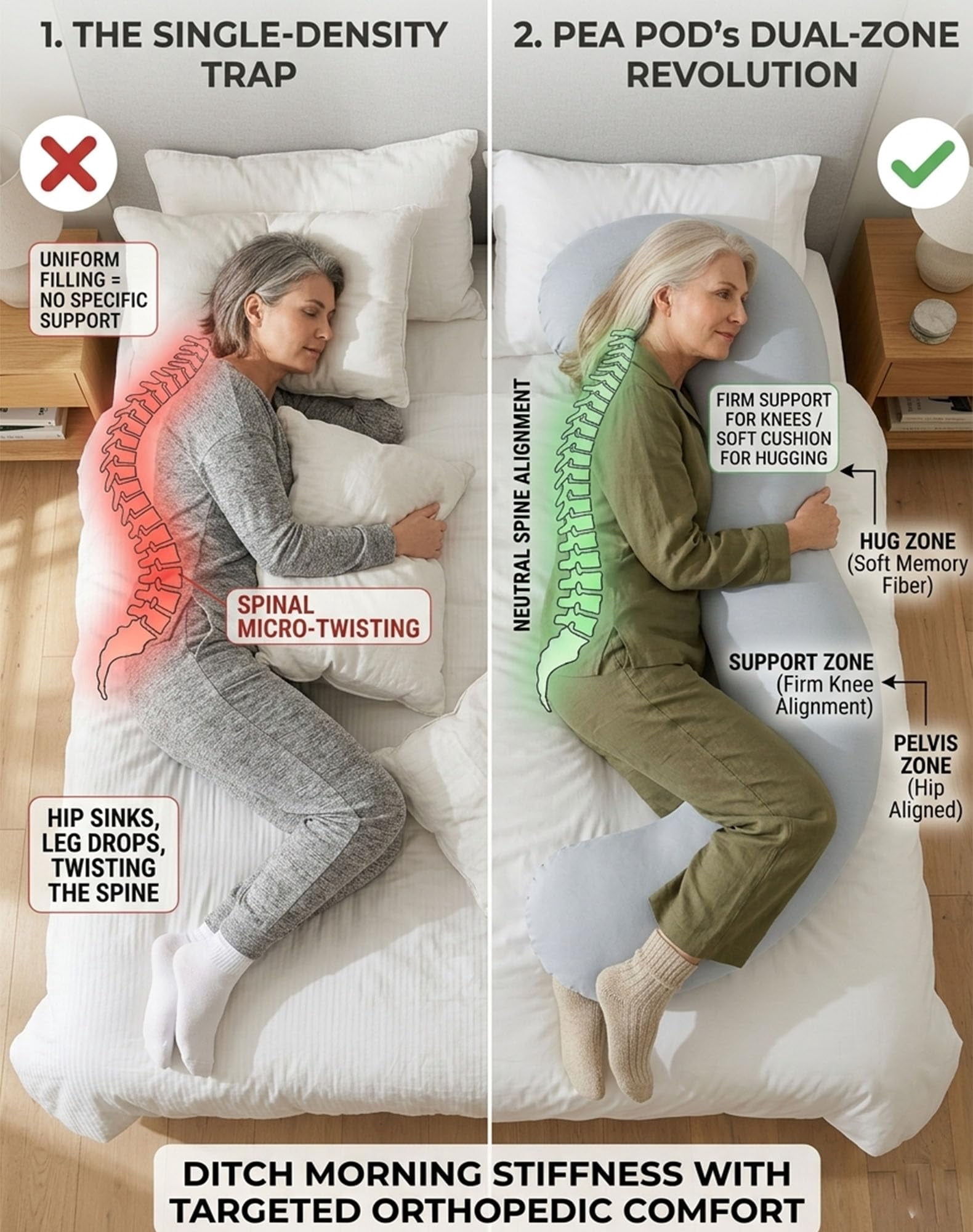 Body Pillow for Side Sleeper, Ergonomic Curve Full Body Support Pillow for Adults Back & Hip Pain Relief, Cooling Cuddle Dual-Zone Memory Foam Long Pillow for Sleeping