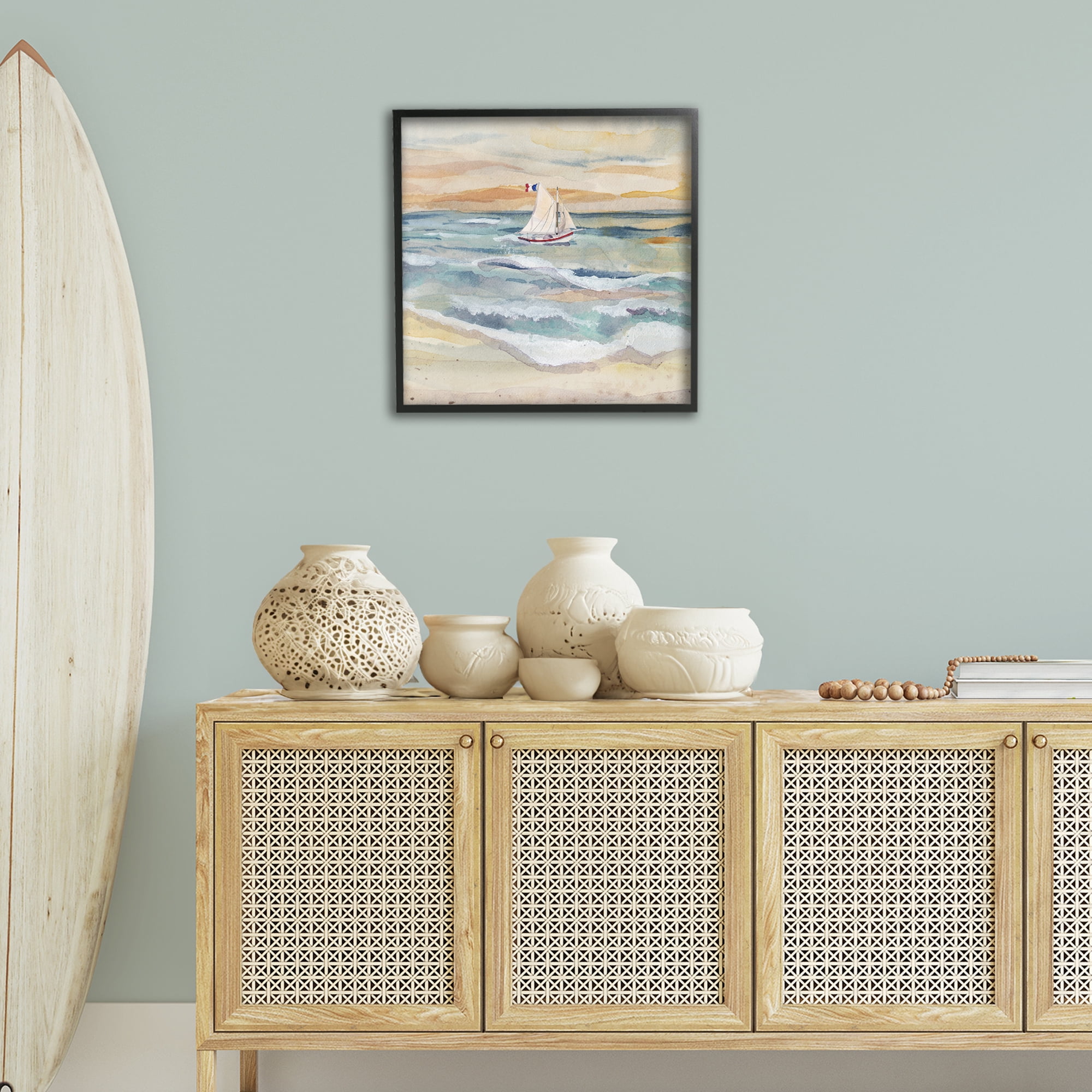 Stupell Industries Watercolor Boat Beach View Transportation Painting Black Framed Art Print Wall Art, 24 x 24