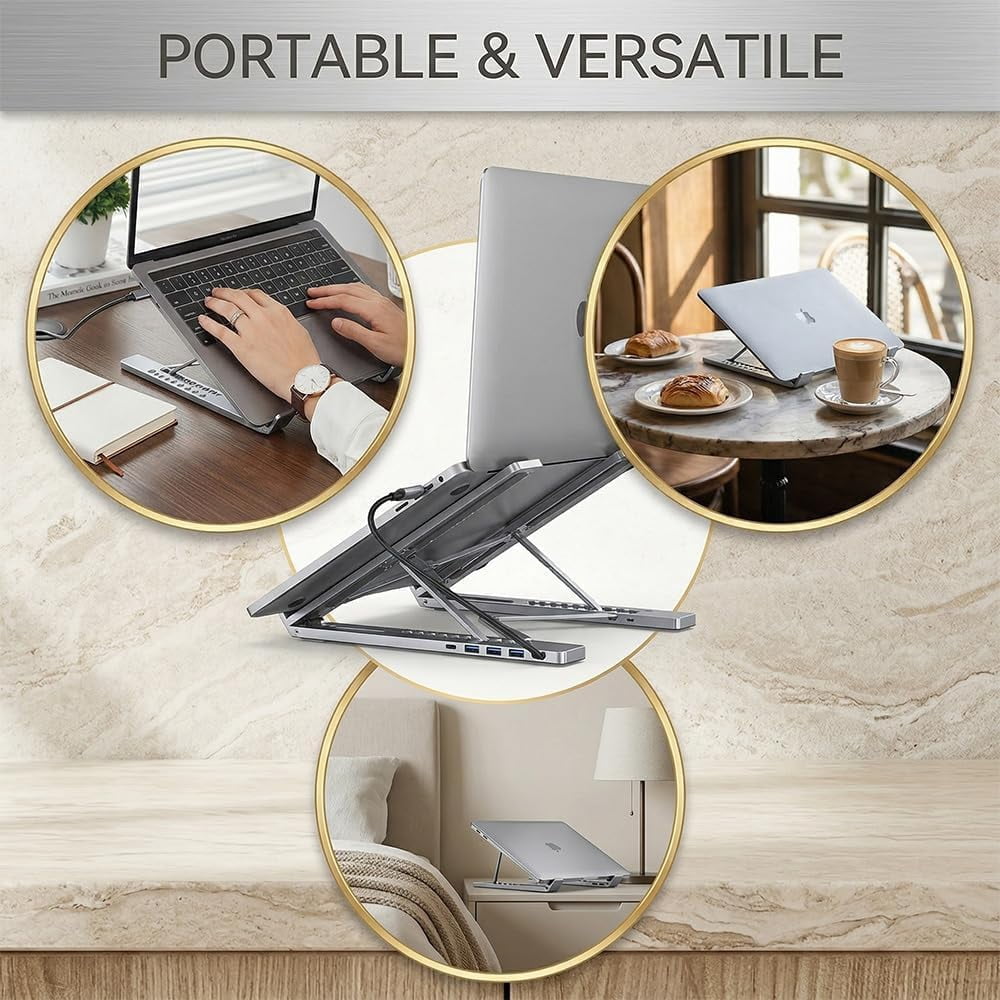 8-in-1 Tablet Docking Station Stand Ergonomic Laptop Stand with 4K TF USB 3.0 USB-C PD 100W Fast Charging Aluminum Alloy Silver Portable Lightweight Adjustable(xxw)