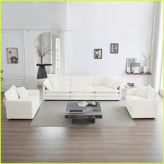 Modern 3-Piece Sofa Set – 1 1 3 Seats Chenille Fabric Living Room Sofa with Flexible Combinations | White | Chenille | Solid Wood Frame